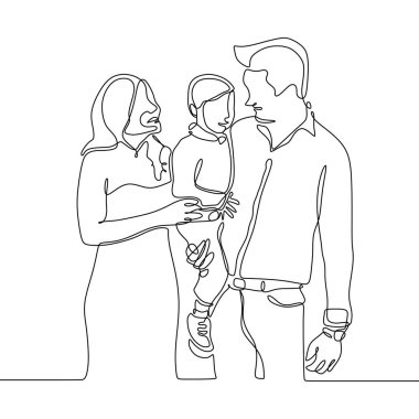 Bir aile üyesinin sürekli çizgi çizimi. Baba, anne ve çocukları.
