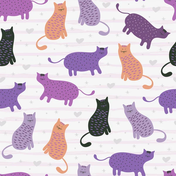 Sömlös mönster med söta kattungar katt i olika stil skandinaviska ritning feminina färger. Kreativ barnslig konsistens. Perfekt för tyg, textil vektor illustration — Stock vektor