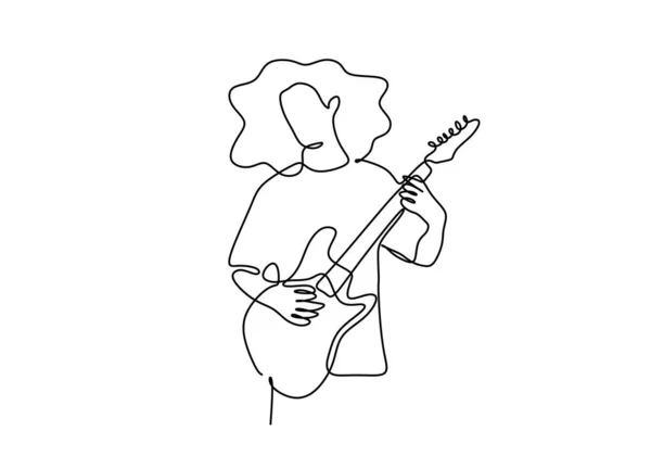 Continuous line young rocker guitarist playing guitar on white background — Stock Vector