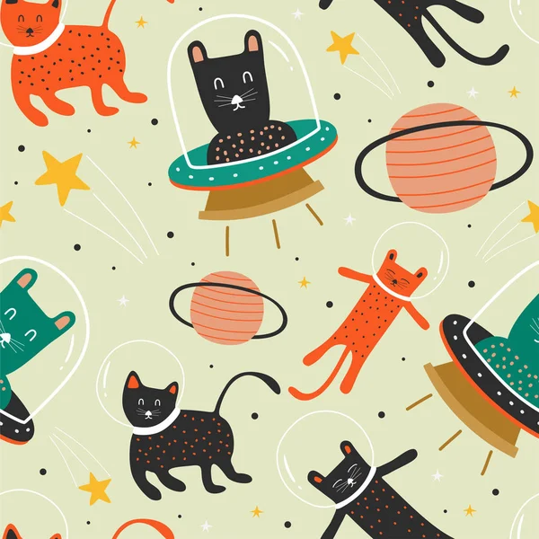 Patrón de gato con ufo. astronauta y planeta decoración de fondo para bebé y niños impresión textil de moda . — Vector de stock