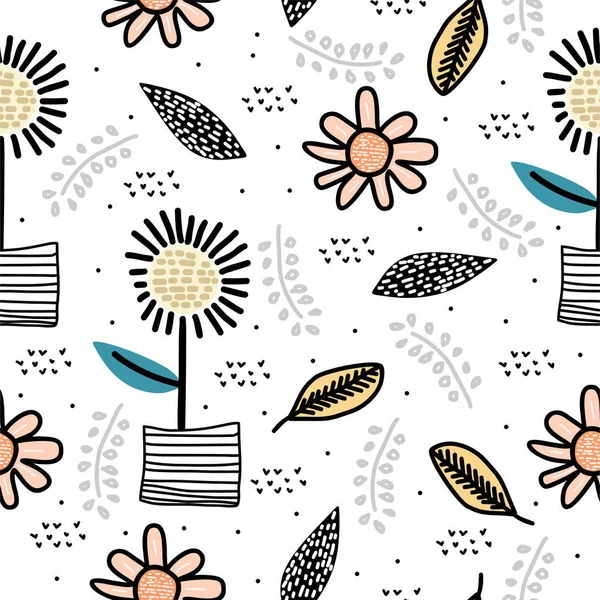 Schattig zon bloem naadloze patroon met kinderen tekening Scandinavische kunst achtergrond. Botanische cartoon natuurelementen voor baby en kinderen mode textiel vector illustratie. — Stockvector