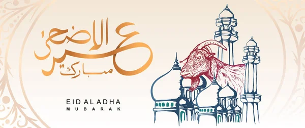 Eid al Adha vektor banner design med handritade get och moskén. Arabisk kalligrafi gyllene färger Vintage Design bakgrund. — Stock vektor