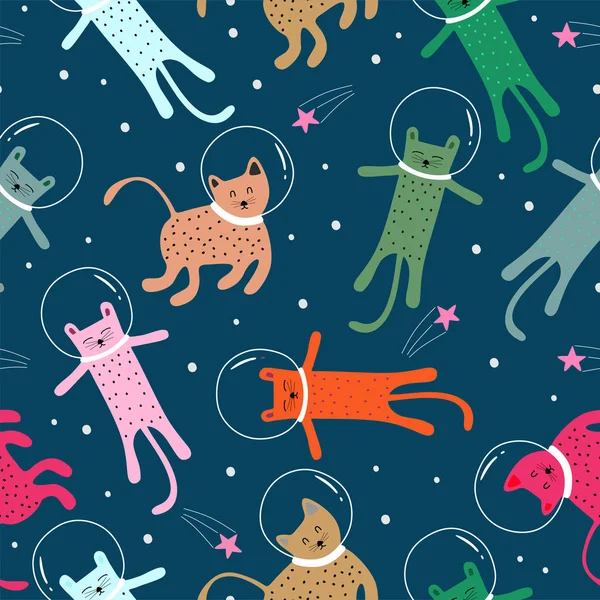 Patrón sin costuras con gatitos lindo gato en diverso estilo en el espacio escandinavo dibujo. Textura infantil creativa. Ideal para tela, textil Vector Ilustración — Vector de stock