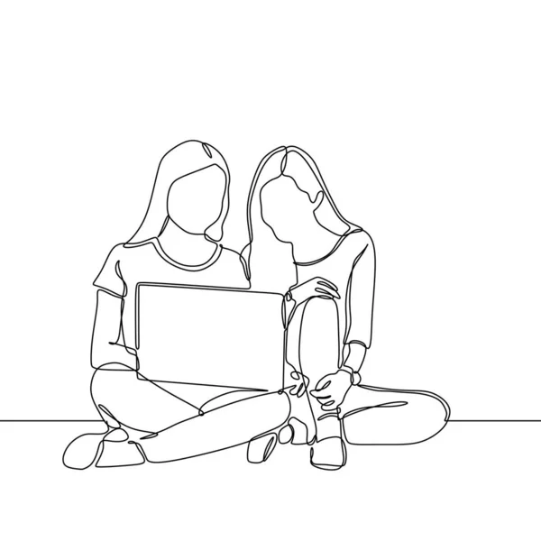 ノートパソコンミニマリストデザインを持つ2人の女の子の連続線画一手描きの女子学留学とディスカッションのコンセプト — ストックベクタ