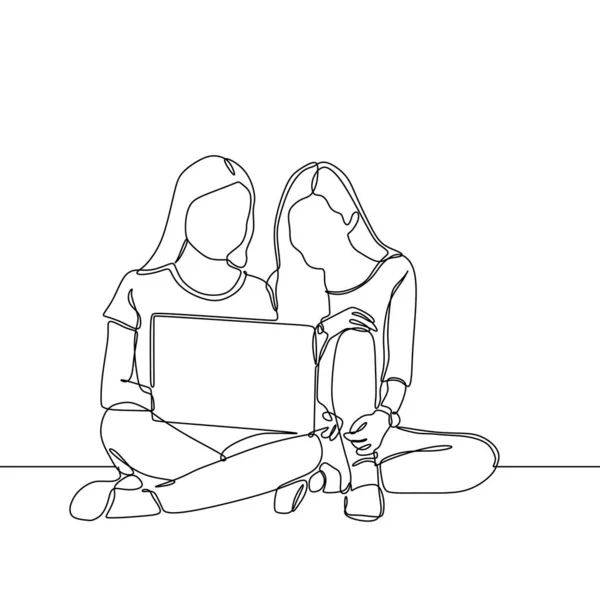 Dibujo de línea continua de dos chicas con diseño minimalista portátil: un concepto dibujado a mano de estudio y discusión de la mujer universitaria — Vector de stock