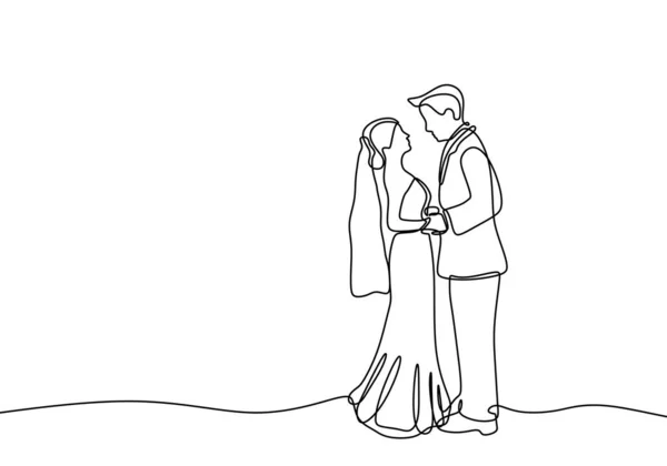 Casal de linha contínua em vestido de noiva adorável tema isolado no fundo branco —  Vetores de Stock