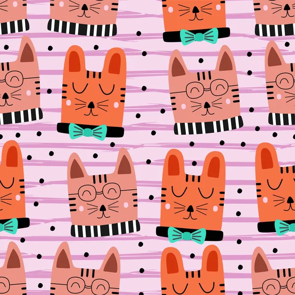 Aranyos macska minta rajz színes háttér zökkenőmentes kézzel rajzolt. Vicces tárgyak dekoráció a baba és a gyerekek divat textil Print. — Stock Vector