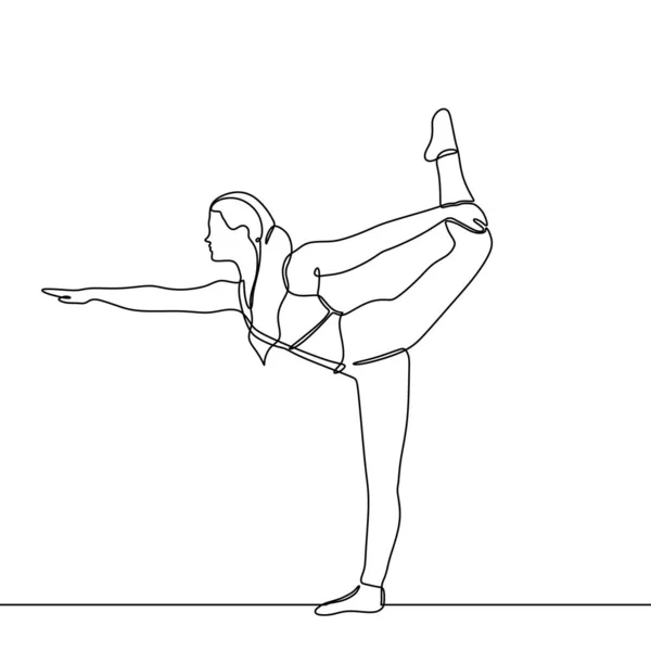 Desenho de linha contínua de mulher de ioga fazendo exercício ela levantar a perna e esticar o corpo para uma vida saudável — Vetor de Stock