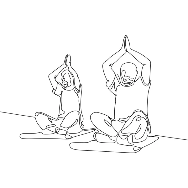 Dibujo de línea continua de dos personas mayores haciendo yoga para una vida saludable — Vector de stock