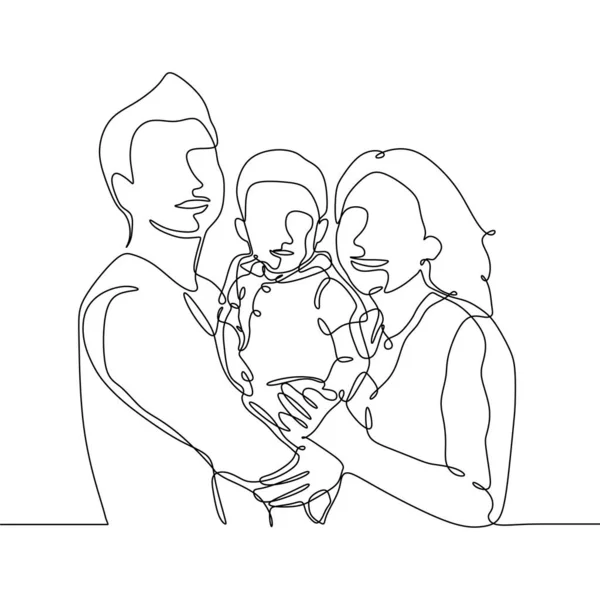 Dibujo continuo de línea de un miembro de la familia. Papá, mamá y su hijo . — Vector de stock