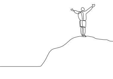 Dağ zirvesinde kazanan adamın sürekli çizgi çizimi. Dağın tepesindeki siluetin de tırmanıcısı. Zafer sembolü. Tasarım çalışmalarınızın şablonu. Beyaz arka planda yalıtılmış vektör çizimi.