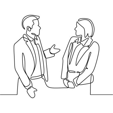 Erkek ve kadın sürekli çizgi çizim bir lineart tasarım minimalist vektör illüstrasyon İş tartışma