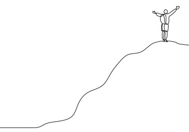 Dağın zirvesine tırmandıktan sonra yükselen kişinin sürekli çizgi çizimi. Mutlu başarı kavramı hedeflere ulaşma teması.