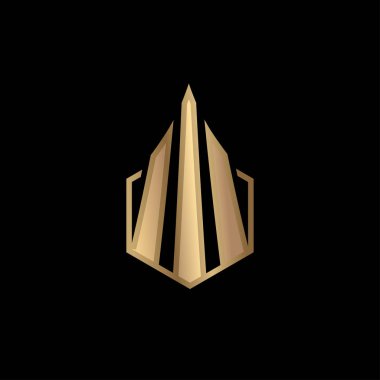 Özellik simgesi bina sembolü logosu koyu arka plan vektör illüstrasyon altın renkler