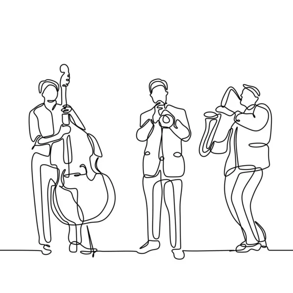 Reproductor de música jazz continuo dibujo de una línea diseño minimalista de violonchelo, trompeta y saxofón aislado sobre fondo blanco — Vector de stock