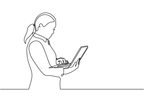 Doorlopende één lijntekening meisje met laptop vector illustratie. Vrouw houder notebook voor Office job. — Stockvector