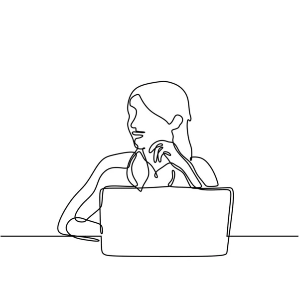 Menina com laptop linha contínua desenhando uma mão desenhada de mulher fazendo trabalho no notebook — Vetor de Stock