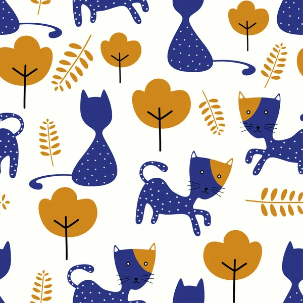 Cute background nursery seamless pattern with funny cat. Vector illustration repeat ready for baby kids fashion textile print.