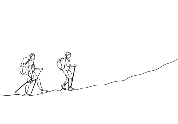 Непрерывная линия рисования группы два человека туризм и альпинизм путешественников приключения — стоковый вектор