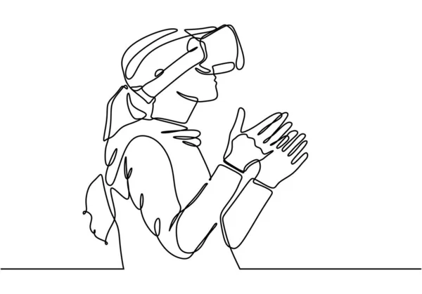 Dibujo continuo de una línea de chica joven con dispositivo de gafas de realidad virtual diseño lineal minimalista — Vector de stock