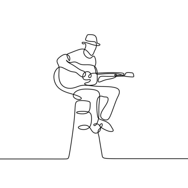 Guitarrista uma linha de desenho de pessoa jogando clássico sentar na cadeira —  Vetores de Stock