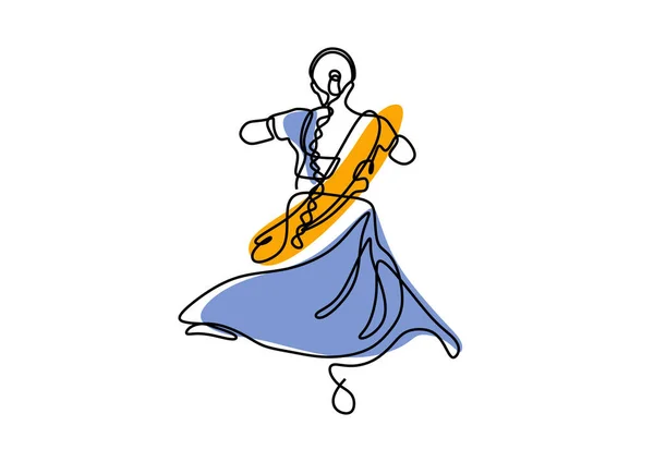 Doorlopende lijntekening van dansen meisje vector illustratie. Indiase vrouw doet traditionele dans — Stockvector