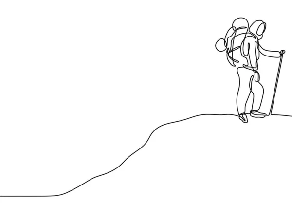 Hijab menina caminhadas e escalada um pico linha contínua desenho design minimalista — Vetor de Stock