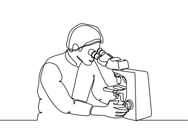 Dibujo continuo de una línea persona que sostiene el diseño minimalista del microscopio — Archivo Imágenes Vectoriales