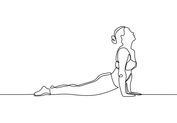 Kontinuerlig linjetegning av kvinner som utfører yoga-trening minimalistisk design – stockvektor