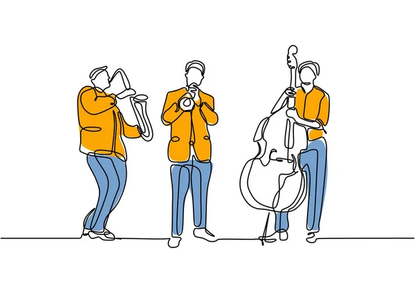 Dibujo continuo de una línea de ilustración vectorial de grupo de música. Persona de jazz con violonchelo, trompeta y saxofón — Archivo Imágenes Vectoriales