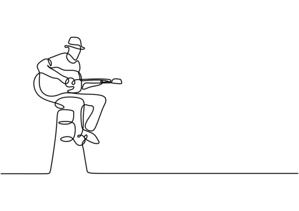 Kontinuerlig en linje ritning av en man med akustisk gitarr sitta på stolen spelar bra ljud — Stock vektor