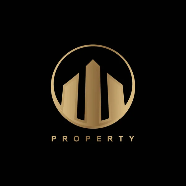 Golden building real estate logo icon concept template on dark background — Stock Vector