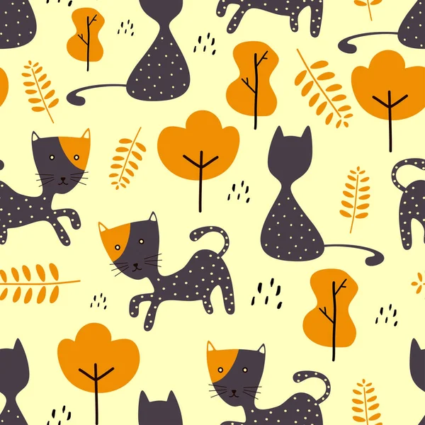 Смешные кошки бесшовный шаблон ботанический и детский рисунок скандинавский дизайн. Векторная иллюстрация повтор готов для малышей моды текстильная печать . — стоковый вектор