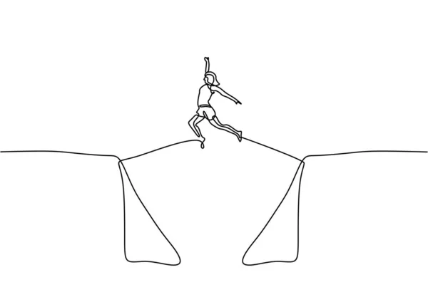 Dibujo continuo de una línea de mujer saltar a través del concepto de colina de negocio de éxito — Archivo Imágenes Vectoriales