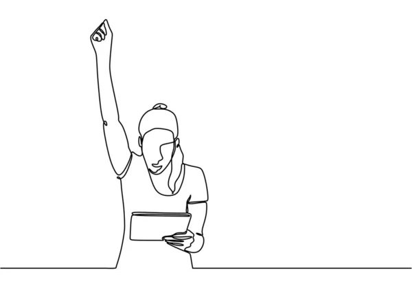 Dessin de ligne continue de fille heureuse levant la main avec tablette gadget ou illustration vectorielle portable — Image vectorielle