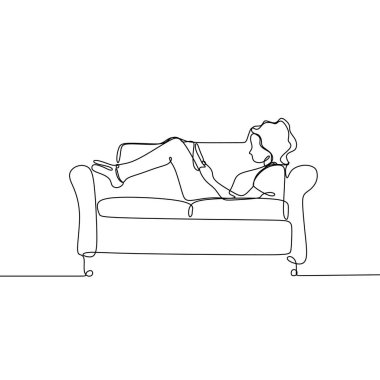 Boş zaman vektör illüstrasyon kanepe minimalist kavramı üzerinde akıllı telefon ile sürekli çizgi çizim kadın