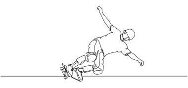 Kaykay oyunu oyuncu sürekli bir çizgi çizim. Patenciler beceri spor tema lineart gösteren. Beyaz arka planda yalıtılmış editable konçerto vektör çizimi.