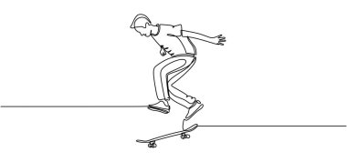 Kaykay oyunu oyuncu sürekli bir çizgi çizim. Patenciler beceri spor tema lineart gösteren. Beyaz arka planda yalıtılmış editable konçerto vektör çizimi.