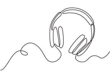 Kulaklıklar müzik ve teknoloji sembolleri Vektör illüstrasyon beyaz arka plan üzerinde izole. Kulaklık sürekli çizgi çizimi.