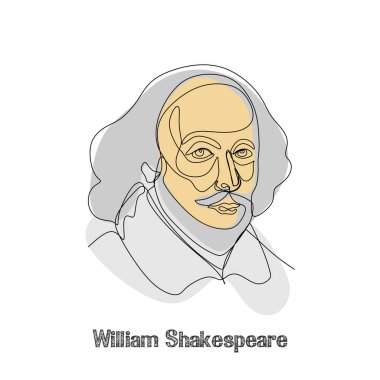 9 Ocak 2019. William Shakespeare minimalist sürekli bir çizgi sanat çizim. Vektör çizimi.