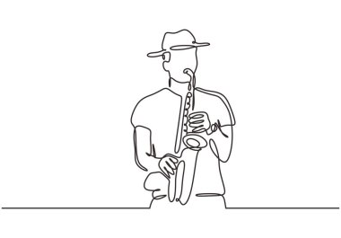 Sürekli çizgi çizim genç adam üfleme saksafon trompet pirinç enstrüman caz klasik müzik tema vektör illüstrasyon