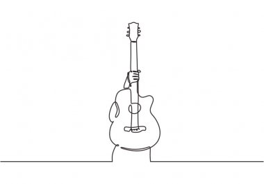 Beyaz arka plan üzerinde akustik gitar müzik enstrüman klasik tema minimalist tasarım vektör illüstrasyon tutan bir sürekli çizgi çizim kişi