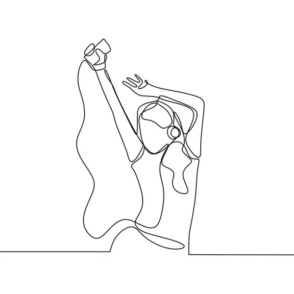 Непрерывный однострочный рисунок женщины с наушником. Девушка слушает музыку наслаждаться и счастливой концепции векторной иллюстрации . — стоковый вектор
