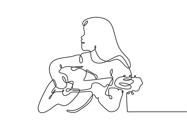 Garis terus-menerus menggambar gadis bermain vektor gitar akustik ilustrasi satu tangan digambar tema desain musik minimalis - Stok Vektor