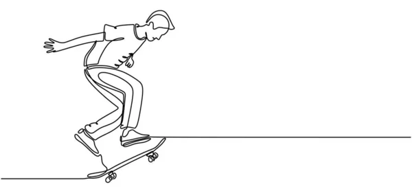 Pemain Skateboard terus menerus menggambar satu baris. Skater menunjukkan keterampilan olahraga garis keturunan tema. Ilustrasi vektor sapuan yang dapat diedit diisolasi pada latar belakang putih . - Stok Vektor