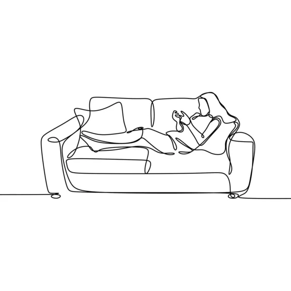 Linha contínua mulher desenho com smartphone no sofá conceito minimalista de lazer ilustração vetor de tempo —  Vetores de Stock