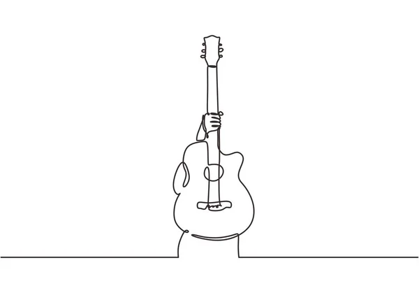 Una línea continua dibujo persona sosteniendo instrumento de música guitarra acústica tema clásico diseño minimalista vector ilustración sobre fondo blanco — Archivo Imágenes Vectoriales