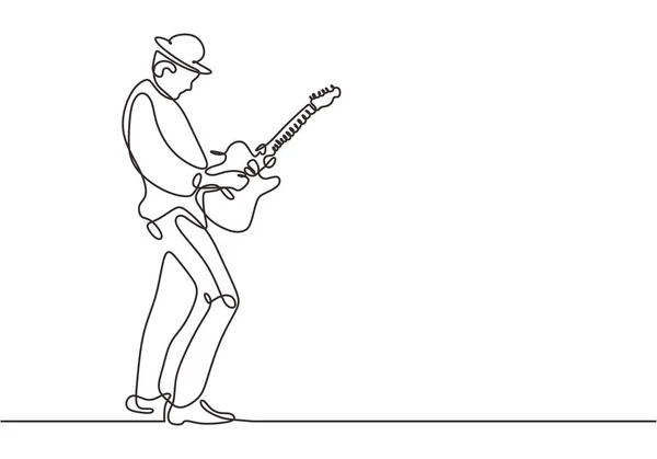 Dibujo continuo de una línea del hombre tocando la guitarra eléctrica. Concepto de persona en el escenario toca rock country, jazz y canción pop . — Archivo Imágenes Vectoriales