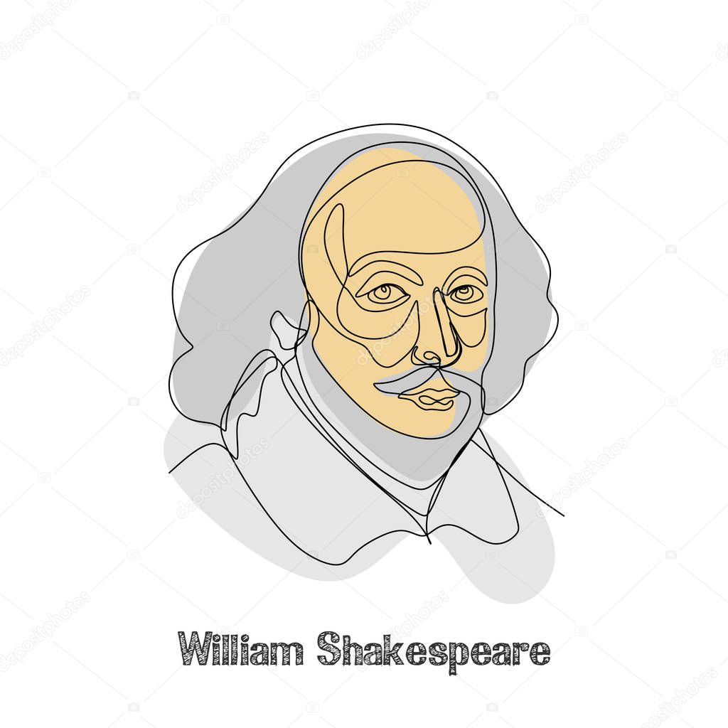 January 9, 2019. Minimalist continuous one line art drawing of William Shakespeare. Vector illustration.