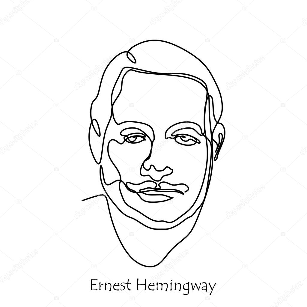 Ernest Hemingway with one line continuous drawing. January 9, 2019. Minimalist continuous design. Vector illustration